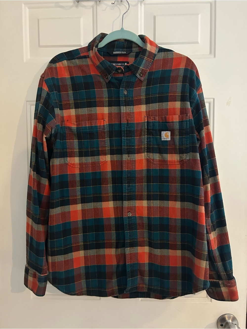 Carhartt Men’s Teal, Orange Plaid Button-Down Shirt Rugged Flex Relaxed Fit